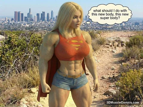 Very muscular blonde Jill in a Supergirl-style top, denim shorts and cape stands on a hilltop with a city skyline behind