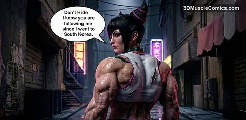 Rear view of Juri Han with huge sweaty back and arm muscles glancing over her shoulder in a neon alley
