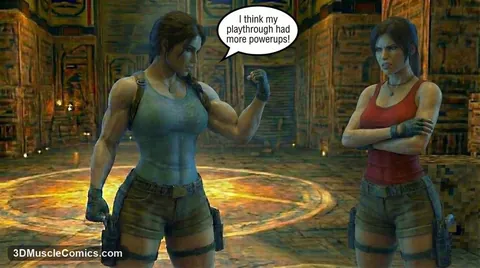 Muscular Lara Croft in a teal tank flexes her bicep at a second Lara Croft in a red tank who frowns with crossed arms.