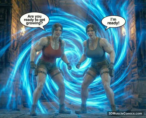 Two muscular Lara Croft versions in red and teal tanks crouch ready in front of a swirling blue energy vortex.