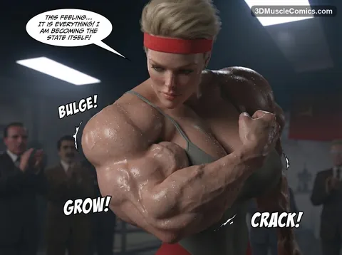 Ludmila in a headband looks down at her enormous veined flexed bicep, with BULGE, GROW and CRACK lettering.