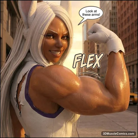 Smiling Mirko flexes a huge glossy bicep toward the camera in a torn white leotard on a city street.