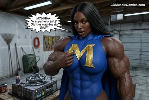 Muscular Monisha in a sleeveless blue suit touches the gold M emblem on her chest in a garage next to the machine