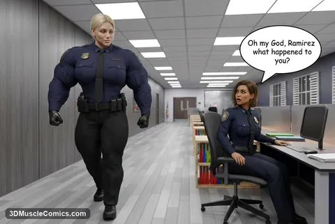 Hugely muscular Officer Ramirez in a stretched navy uniform walks down an office hallway as a seated colleague stares