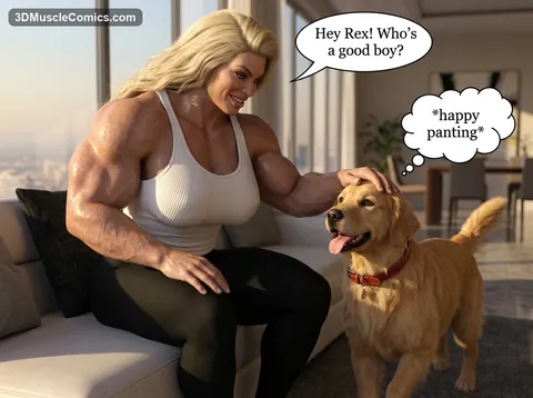 Muscular blonde woman in a white tank top and black leggings sits on a sofa and pats a happy golden retriever named Rex