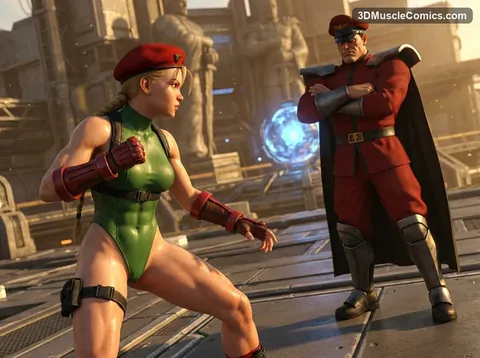 Cammy in a green leotard, red beret and red gauntlets takes a fighting stance facing a caped M. Bison beside a glowing orb.