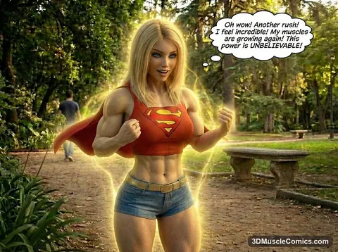 Muscular blonde Jill in a Supergirl-style top and cape clenching her fists in a park, wrapped in a golden glow