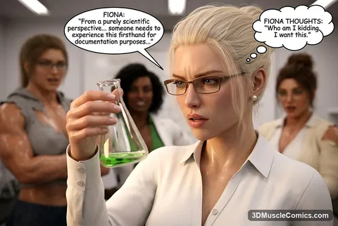 Fiona in glasses and a white blouse studies a flask of green formula while her muscular colleagues look on, blurred behind