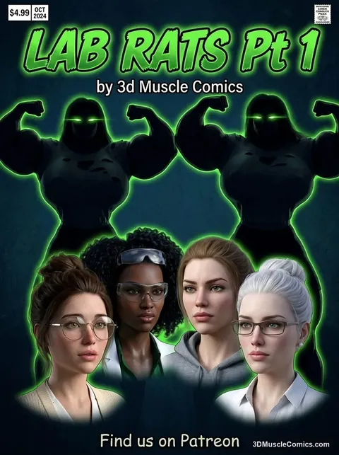 Cover of Lab Rats Pt 1: four women scientists in glasses and lab coats under two glowing muscular silhouettes