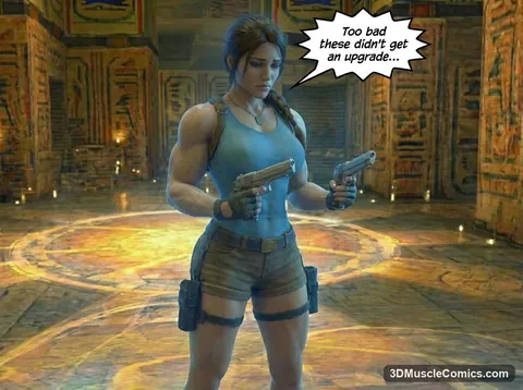 Muscular Lara Croft in a teal tank top holds two pistols and looks down in a candlelit Egyptian tomb.