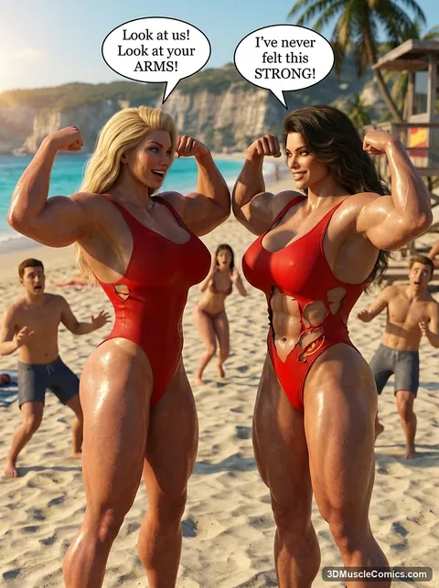 Two muscular lifeguards in red swimsuits face each other flexing double biceps on a beach while bystanders watch