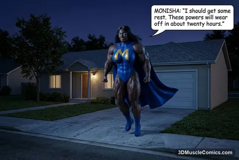 Muscular Monisha in a blue M costume and cape lands on a driveway outside a suburban house at night