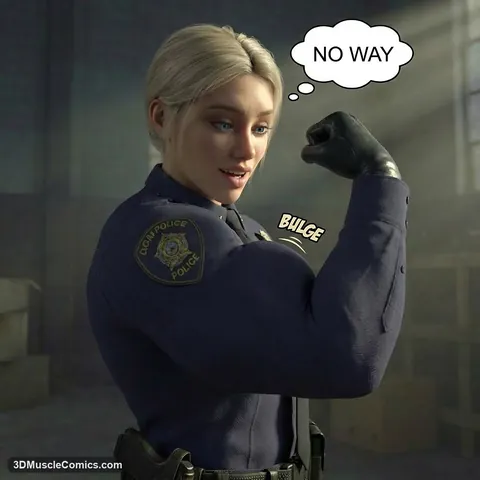 Blonde Officer Ramirez in a navy police uniform admires her swollen bicep stretching the sleeve, gloved fist raised