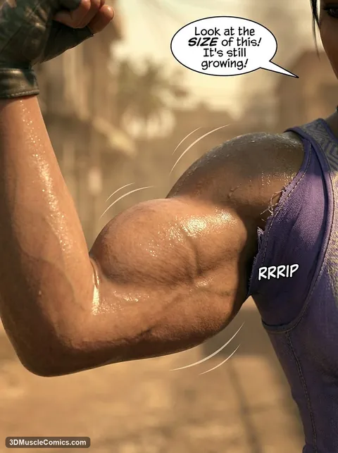 Close-up of Sheva Alomar's sweaty bicep bulging as the strap of her purple tank top rips on a dusty street