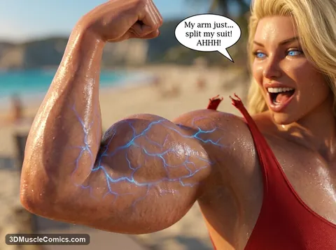 Blonde lifeguard gasps with delight as she flexes a giant bicep veined with blue lightning, her red suit strap snapped