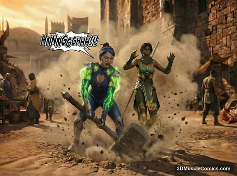 Kitana strains with green energy veins glowing along her arms as she lifts a huge war hammer while Jade backs away