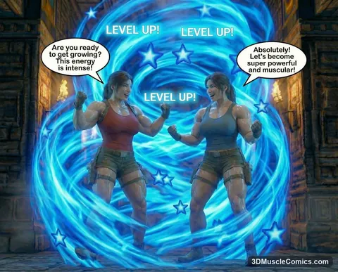 Two smiling muscular Lara Croft versions clench their fists in a blue energy vortex with LEVEL UP text and stars.