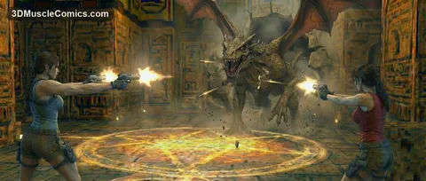 Two Lara Croft versions in teal and red tops fire pistols from opposite sides at a winged dragon in a torch-lit tomb.