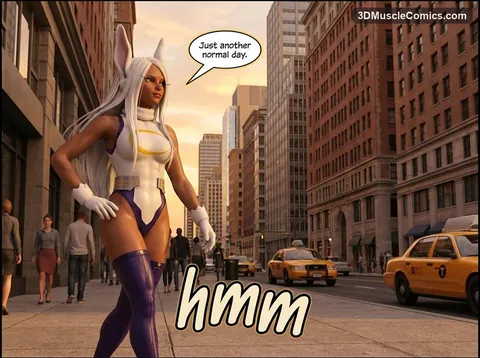 Mirko in a white leotard, purple thigh-high boots and white gloves strides down a sunlit city street with a hmm sound effect.