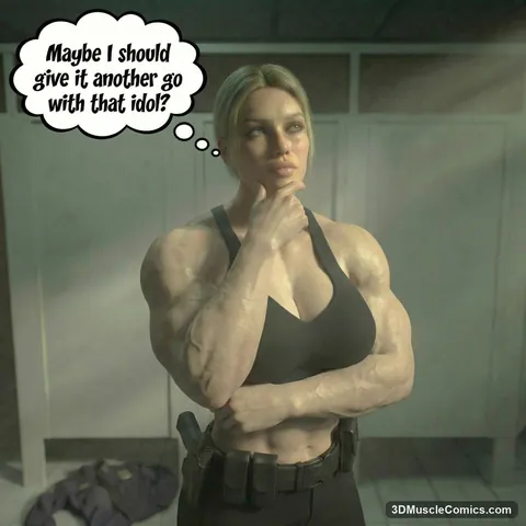 Muscular Officer Ramirez in a black sports bra and duty belt rests her chin on her hand in a locker room