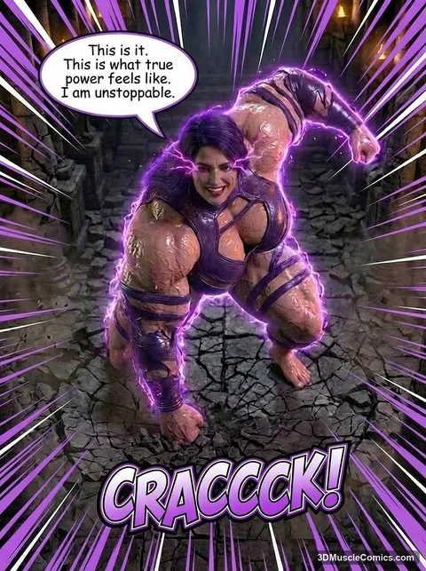 High-angle view of a hugely muscled Psylocke crouching on cracked stone, crackling with purple energy, with a CRACCCK effect