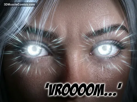 Extreme close-up of Sara's glowing white eyes with radiating light streaks and a VROOOOM sound effect