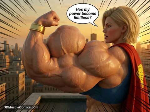 Side profile of muscular Supergirl in a red cape flexing an enormous veined bicep with a gold bracelet at sunset.