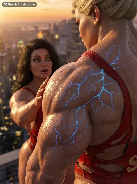 Back view of the blonde lifeguard's huge shoulder with blue lightning veins as the startled brunette reaches toward her