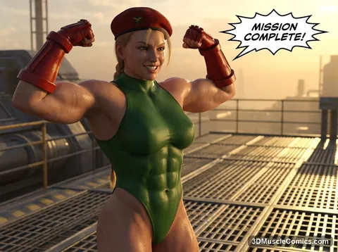 Smiling Cammy in a green leotard and red gauntlets flexes both biceps on a rooftop at sunset.