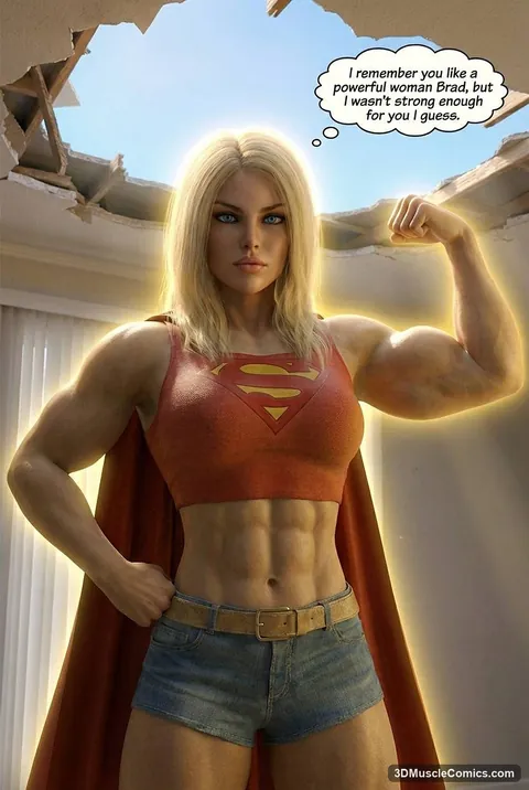 Muscular blonde Jill in a Supergirl-style top and cape flexes one bicep, hand on hip, a hole in the ceiling behind her