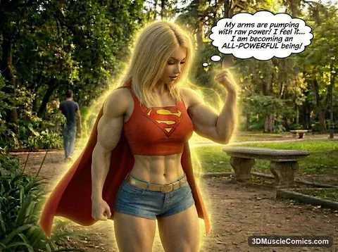 Blonde Jill in a Supergirl-style top and cape looks down at her flexed bicep, golden aura around her in a park