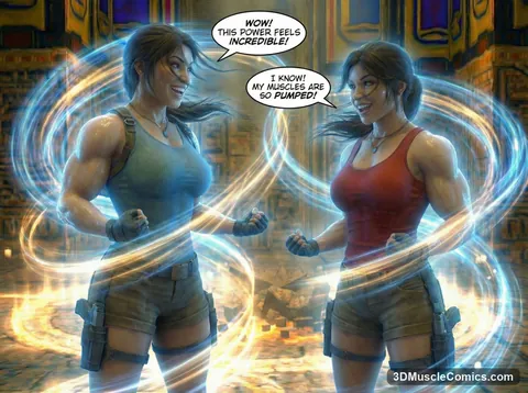 Two smiling muscular Lara Croft versions in teal and red tanks clench their fists amid swirling blue and gold energy.