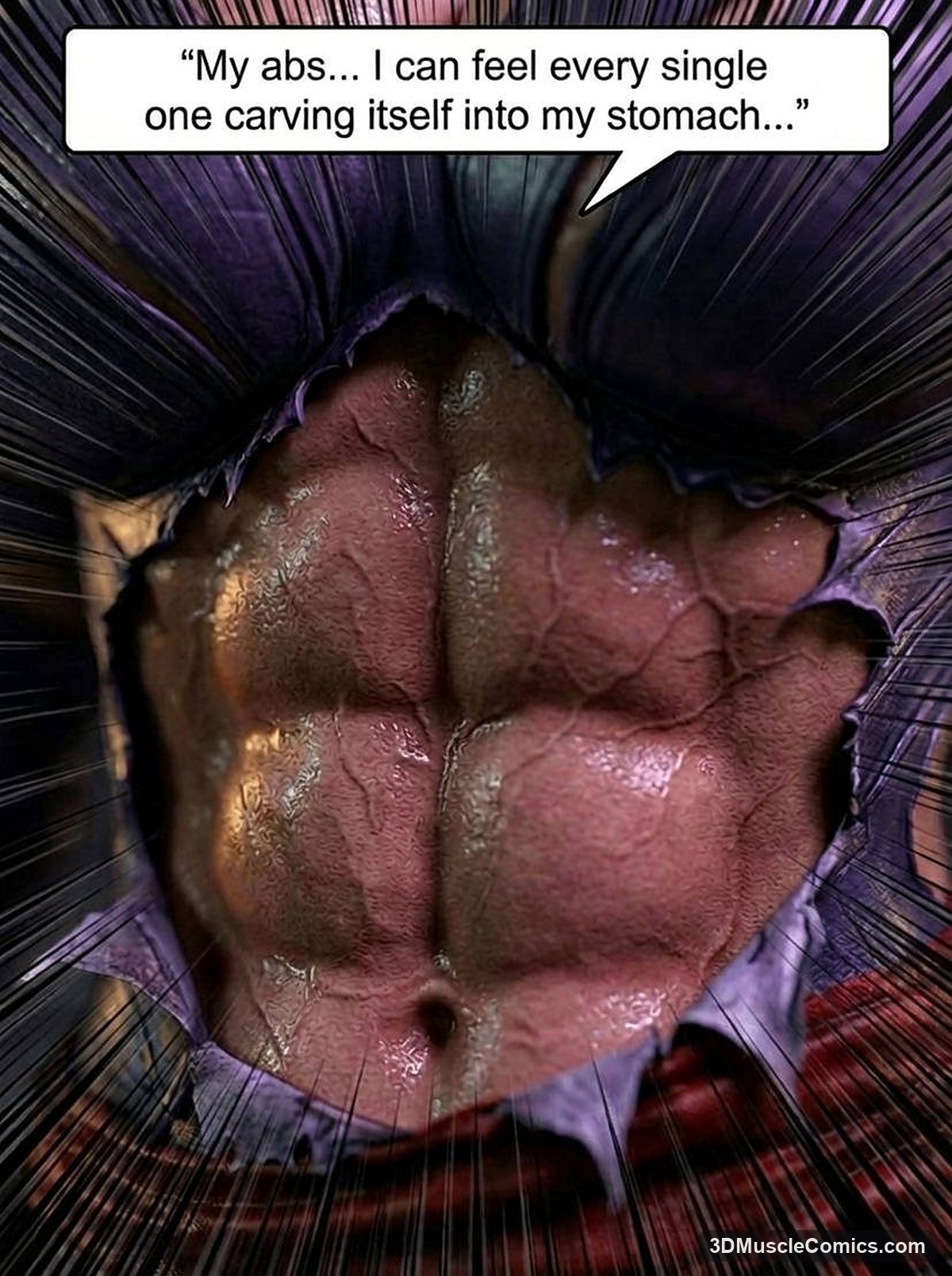 Extreme close-up of Psylocke's sweaty, ribbed abdominal muscles revealed through a torn purple costume, with speed lines