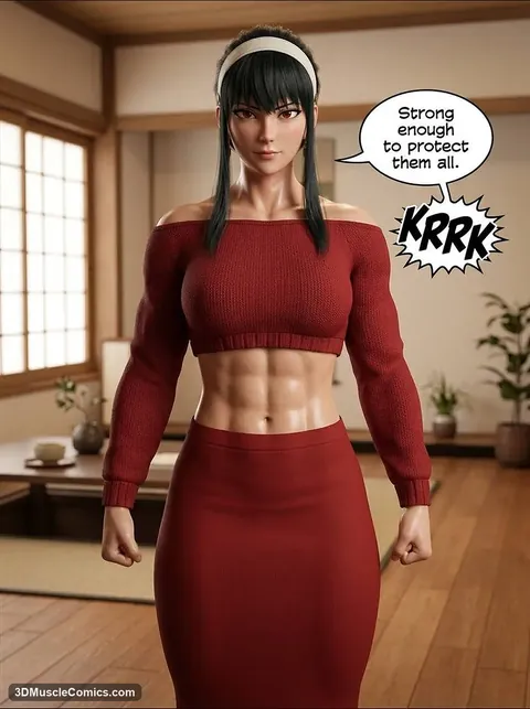 A muscular Yor Forger with defined abs stands calmly in a red off-shoulder crop sweater and long skirt in a tatami room