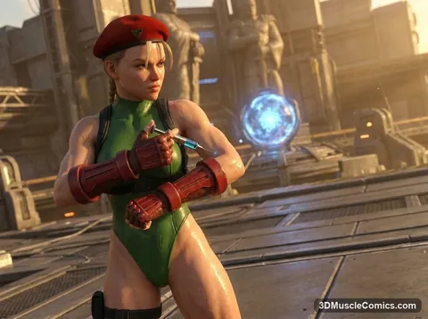 Cammy in her green leotard and red beret holds a syringe between her gauntlets on an industrial platform at sunset.