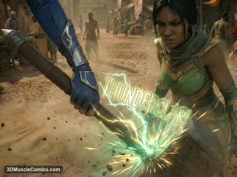 Kitana's gloved hand grips Shao Kahn's war hammer as green lightning bursts out while Jade scowls beside it