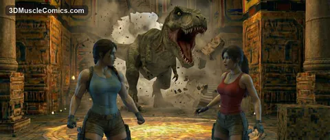 Two muscular Lara Croft versions in teal and red tanks stand in a tomb as a T. rex bursts through a wall.