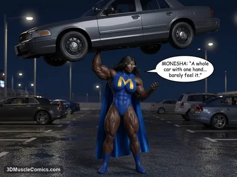 Muscular Monisha in a blue M costume and cape hoists a gray sedan overhead with one hand in a night parking lot