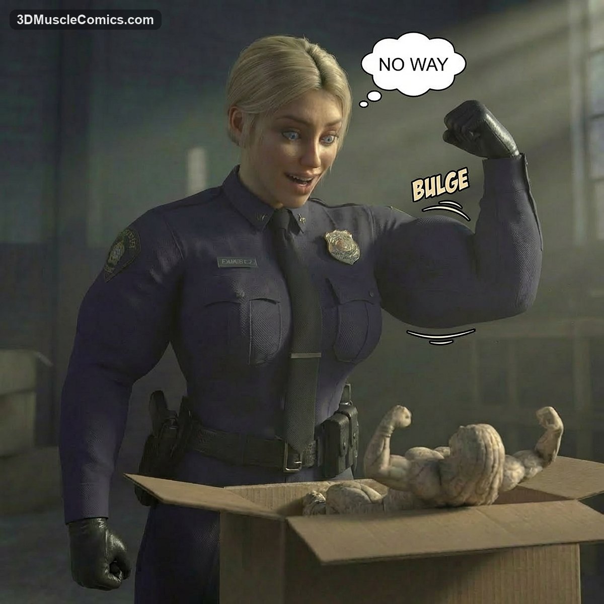 Officer Ramirez in a navy uniform flexes a huge bicep straining her sleeve beside a box holding a stone idol