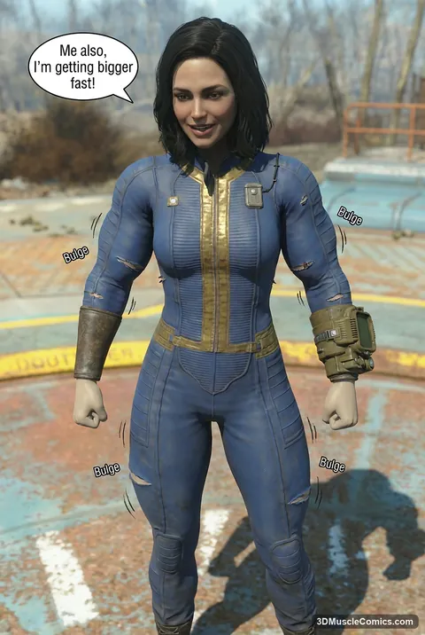 Smiling dark-haired Vault dweller in a blue jumpsuit stands with clenched fists as her sleeves and thighs bulge