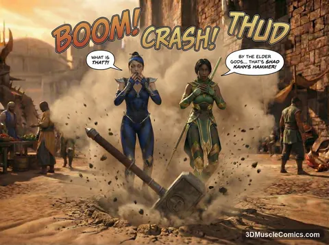 Kitana covers her mouth and Jade clutches her chest as a giant war hammer crashes into the dusty market street