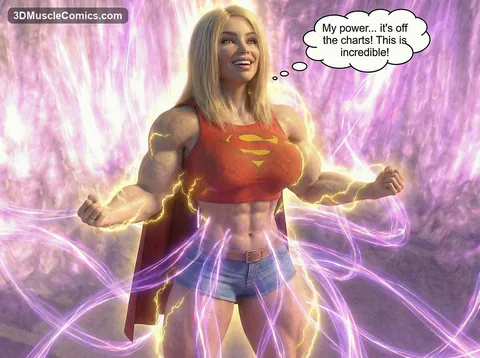 Smiling very muscular Jill in a Supergirl-style top and cape flexes both arms outward, wrapped in purple and yellow energy