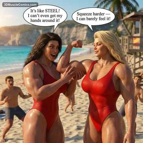 A brunette lifeguard squeezes the flexed bicep of the blonde lifeguard as bystanders watch on a sunny beach