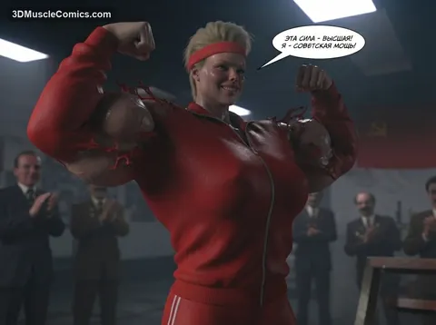 Smiling Ludmila in a red tracksuit jacket flexes double biceps that tear through the sleeves as officials applaud.