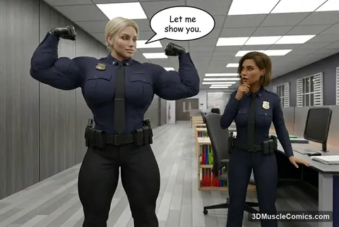 Hyper-muscular blonde Officer Ramirez in a strained navy uniform flexes a double bicep pose as a brunette colleague watches