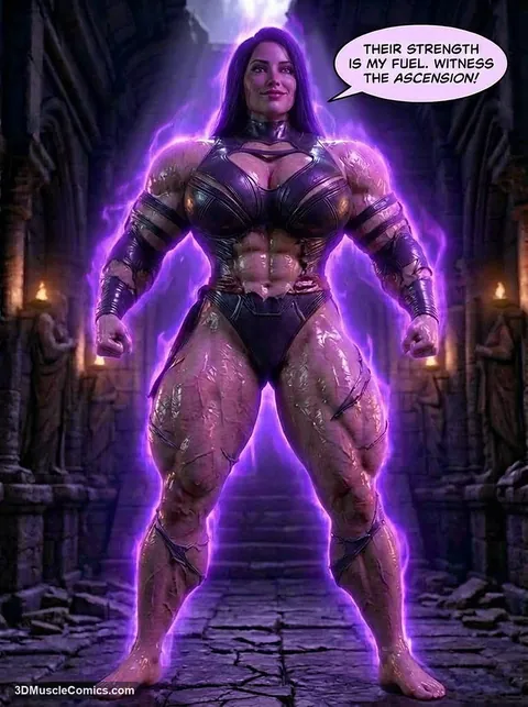 Full-body view of a huge, muscular Psylocke wreathed in purple energy in a candle-lit temple hall, fists clenched